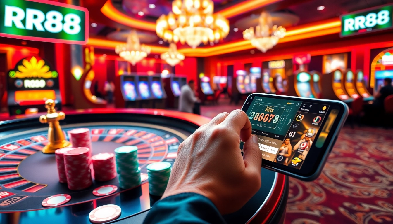 Experience the excitement of RR88 online gaming with vibrant casino visuals showcasing roulette and poker elements.