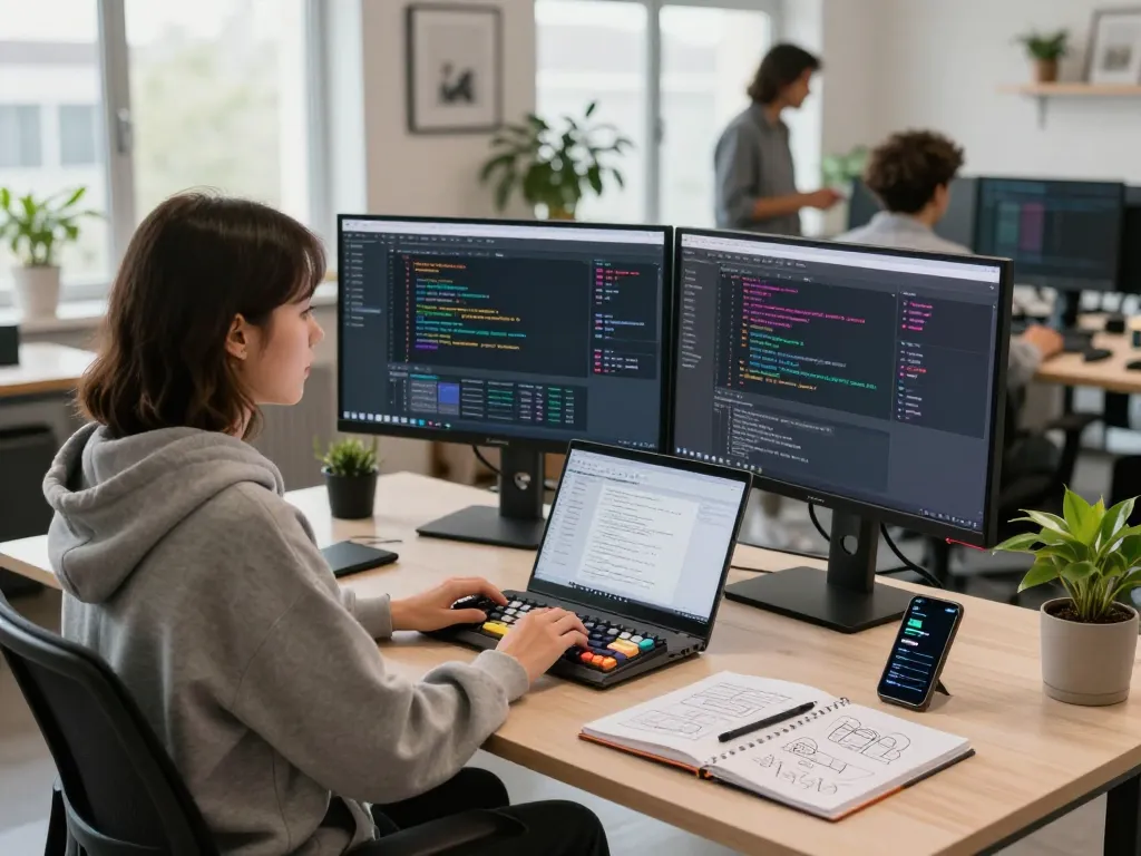 Developer utilizing the moltbot AI assistant in a modern tech workspace, showcasing dual monitors with colorful code and automation tools.