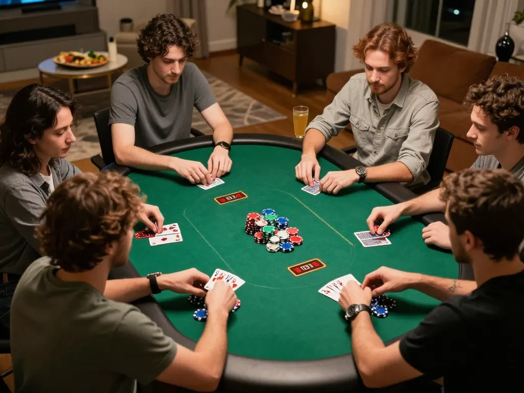 Friends engaging in strategic poker play at home during a friendly game night with HM88.