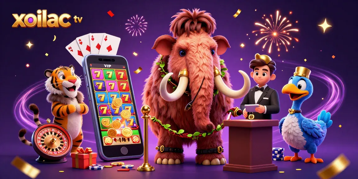 Xoilac TV showcases a wild casino scene with a woolly mammoth bouncer, reflecting vibrant gaming excitement.