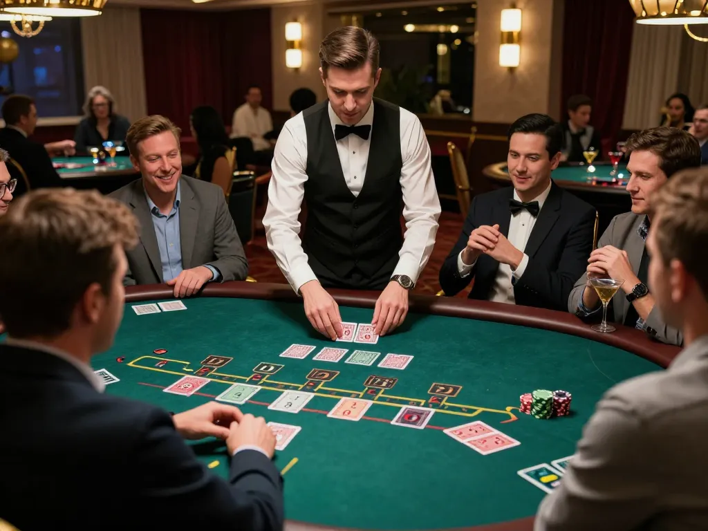 Engaged players in a live dealer blackjack game at an elegant casino, enhancing 33WIN experiences.
