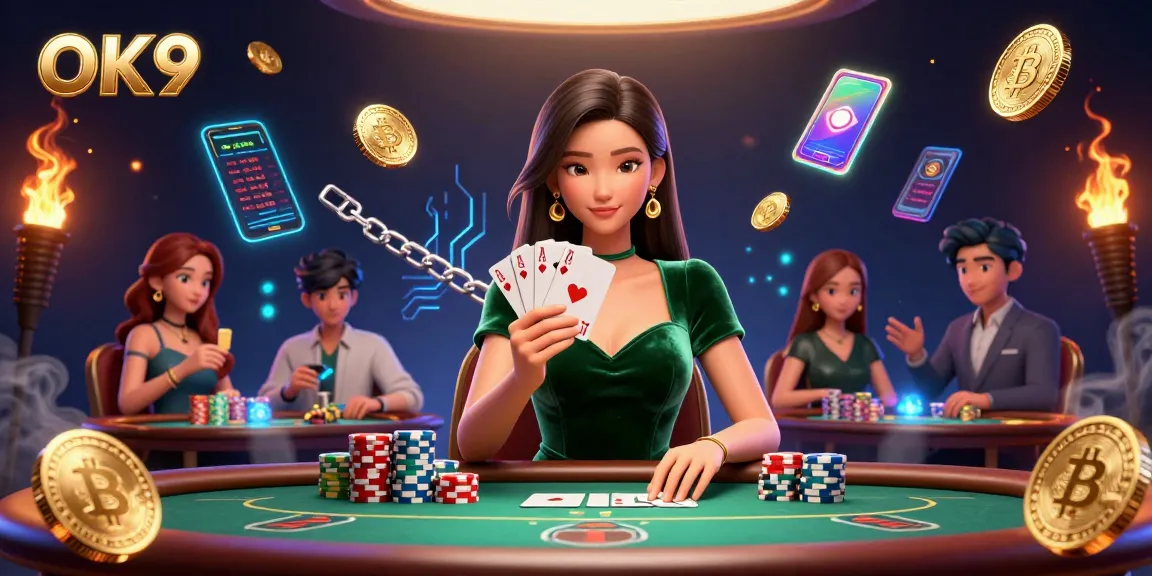 Engage in thrilling poker action at OK9, with vibrant characters and casino excitement all around.