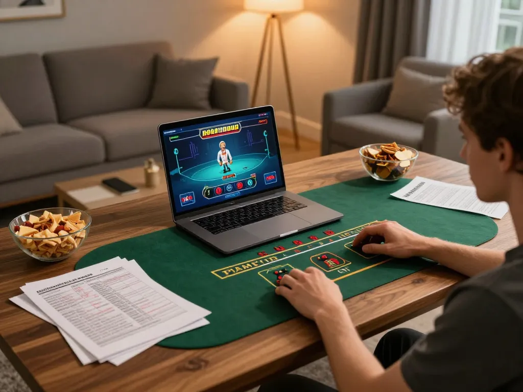 Player enjoying BL555 live casino gaming at home with strategic notes and cozy atmosphere.