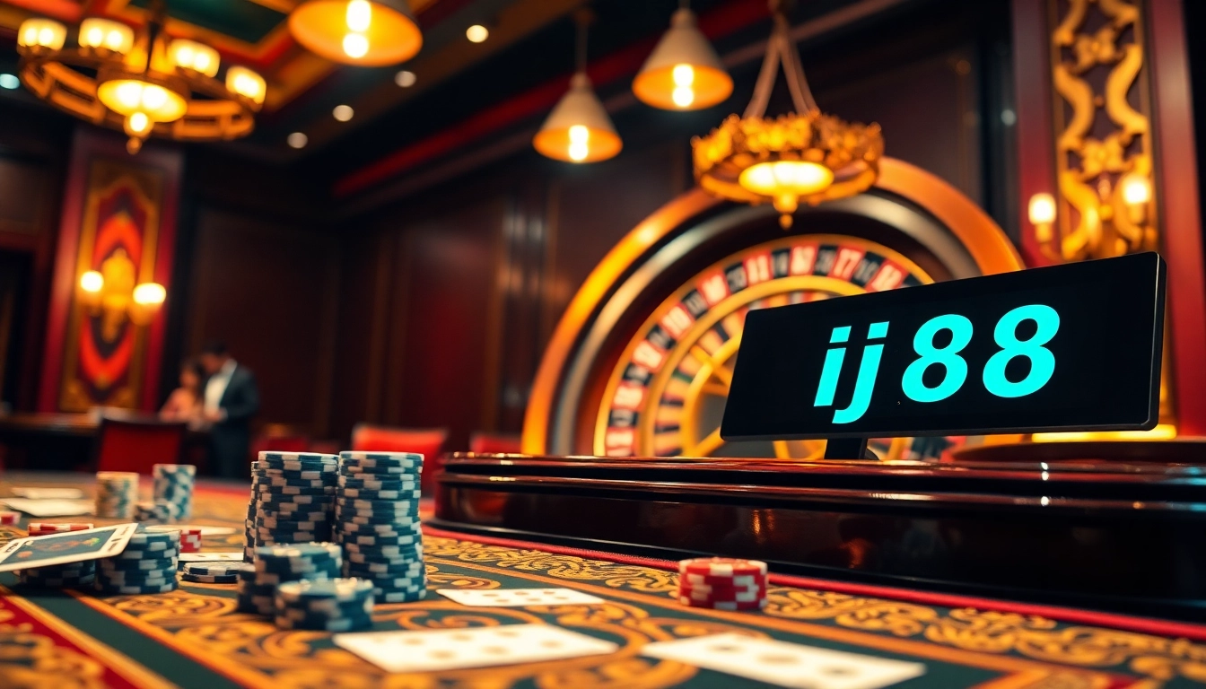 A thrilling gambling scene at a luxurious casino featuring bj38 betting chips and cards.