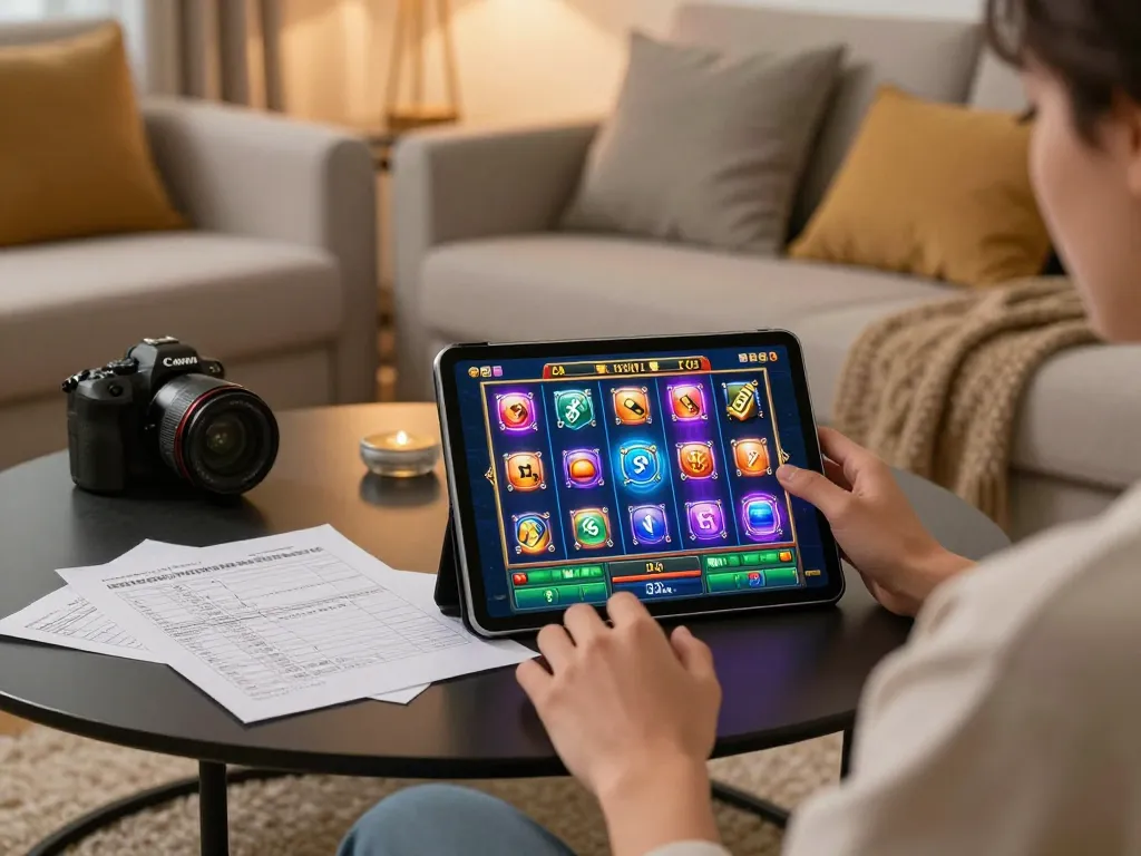 Engaging in responsible gaming at home with onbet slot game on tablet, cozy interior.