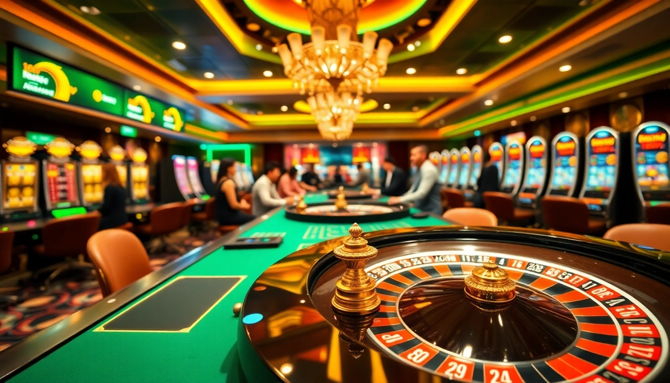 Exciting gambling scene at ww88 casino with roulette, slot machines, and poker chips.