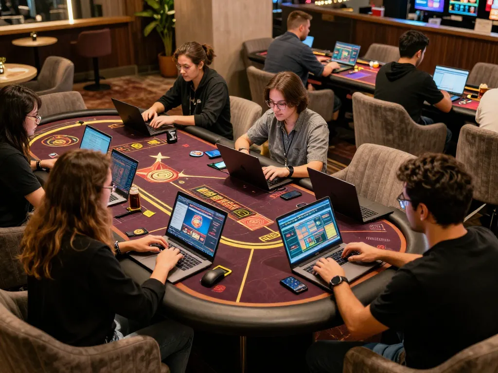 Engaging online gaming experience at km777 with players using laptops and mobiles in a stylish setup