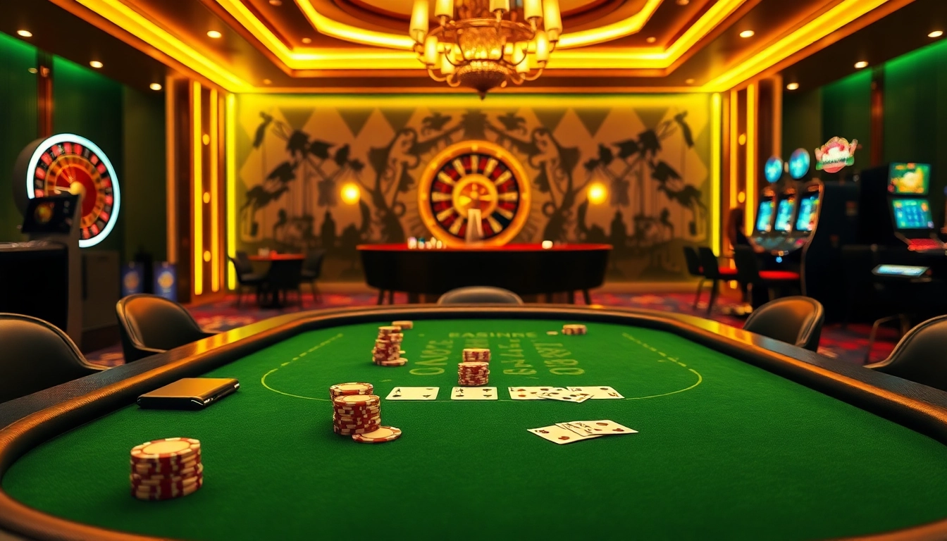 Experience winning strategies at the LC88 casino with vibrant gaming tables and roulette wheels.