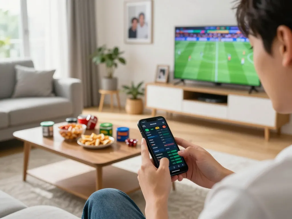 Person analyzing odds on smartphone for keobongda, enjoying sports betting in a cozy home.