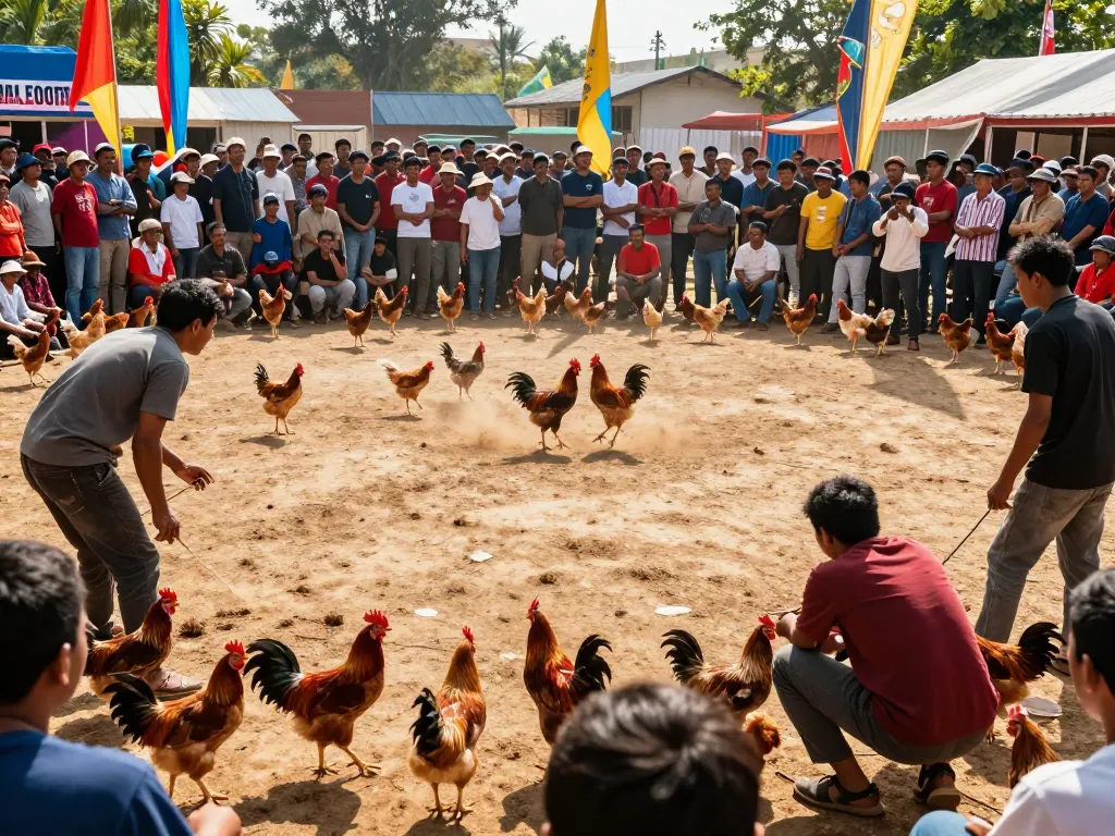 Xem đá gà trong cuộc thi Thomo với bầu không khí sôi động và khán giả nhiệt tình.
