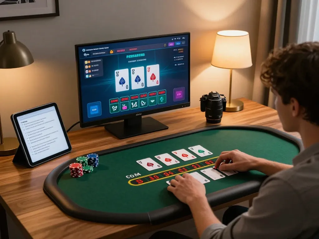 Engaging in online blackjack gaming using the Link Chính Thức F168 platform at a stylish home desk.