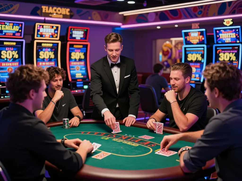 Exciting scene of players enjoying various games at 23win online casino, illuminated by vibrant neon lights.