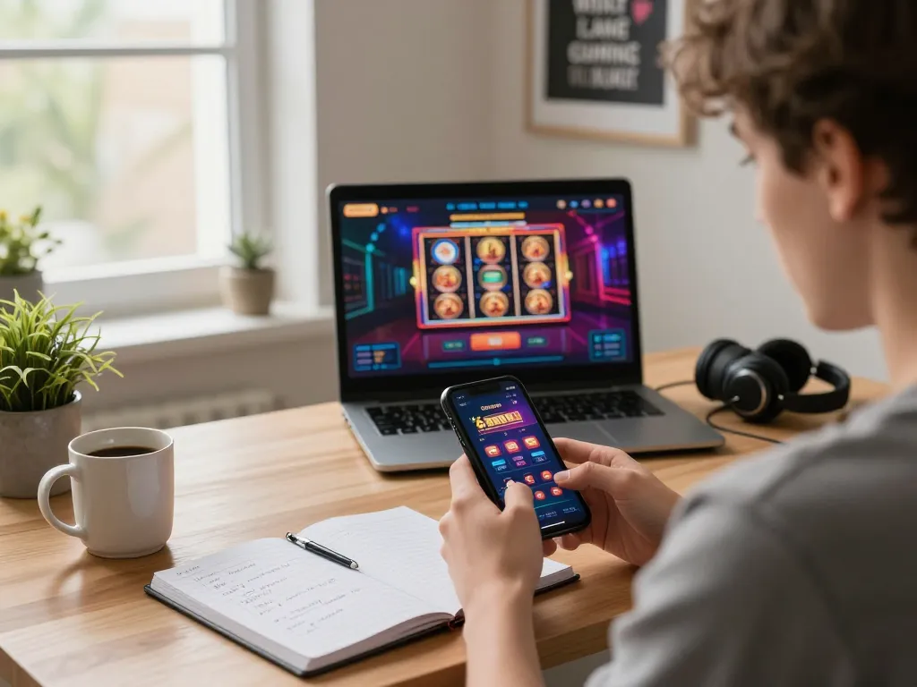 Player engaging with mu88 casino app on smartphone in stylish home office setting