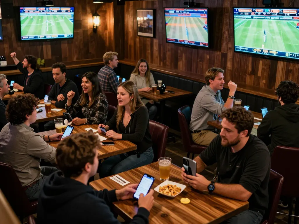 cm88 engaging patrons placing bets in a lively sports bar with multiple screens displaying events