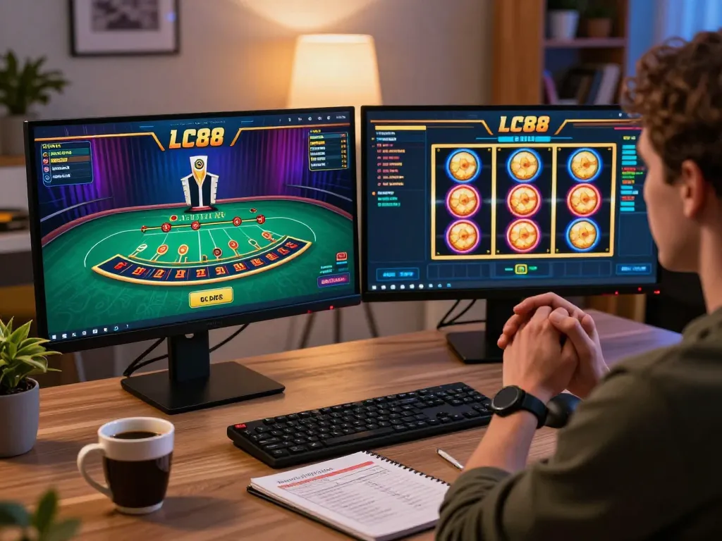 Engage in online gaming at https://lc88.jpn.com/ with immersive setup showcasing dynamic blackjack and slot games.