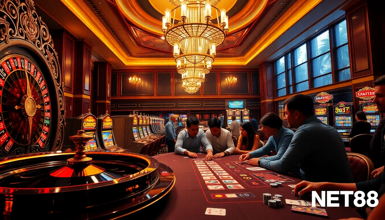Gambling excitement at a casino featuring NET88 slots and poker tables, reflecting luxury.