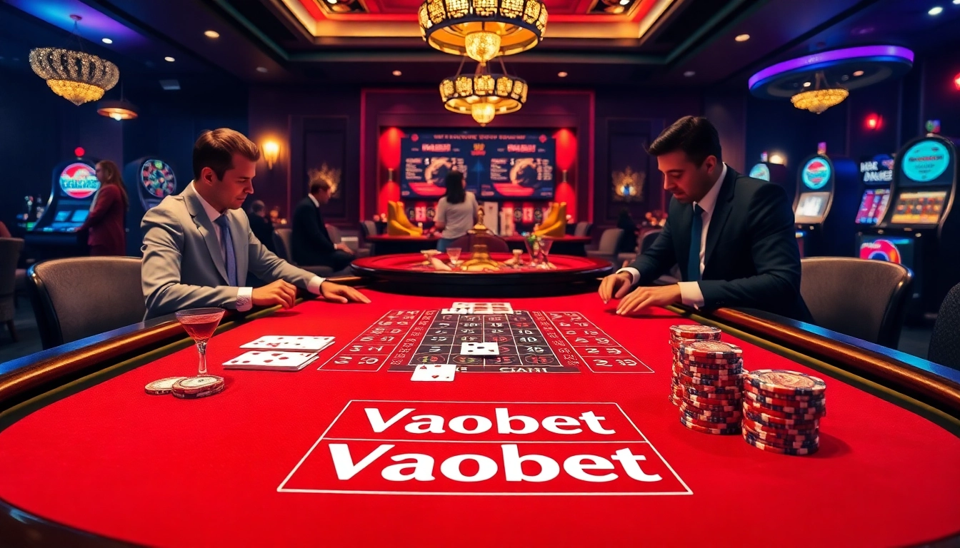 Exciting gamblers playing at a sophisticated Vaobet blackjack table with vibrant cards and chips.