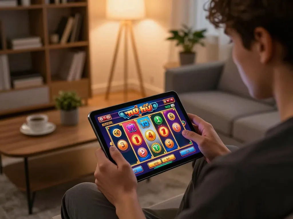 Engaged player enjoying nổ hũ slots on tablet in cozy home setting, showcasing immersive online gaming experience.