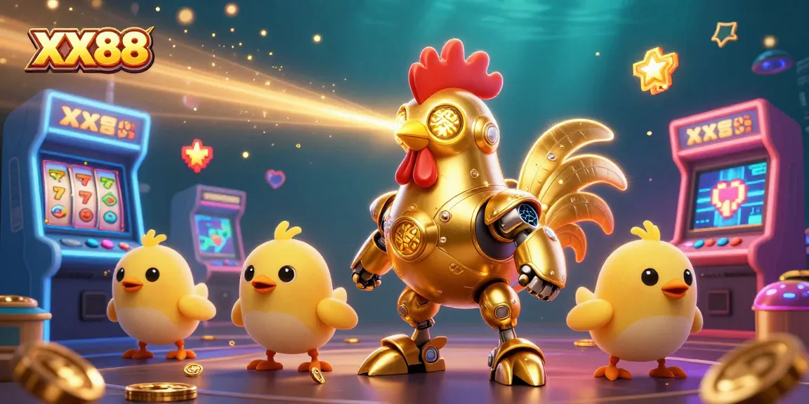 Engage with thrilling gameplay at XX88 featuring vibrant, immersive arcade elements and a golden rooster robot.