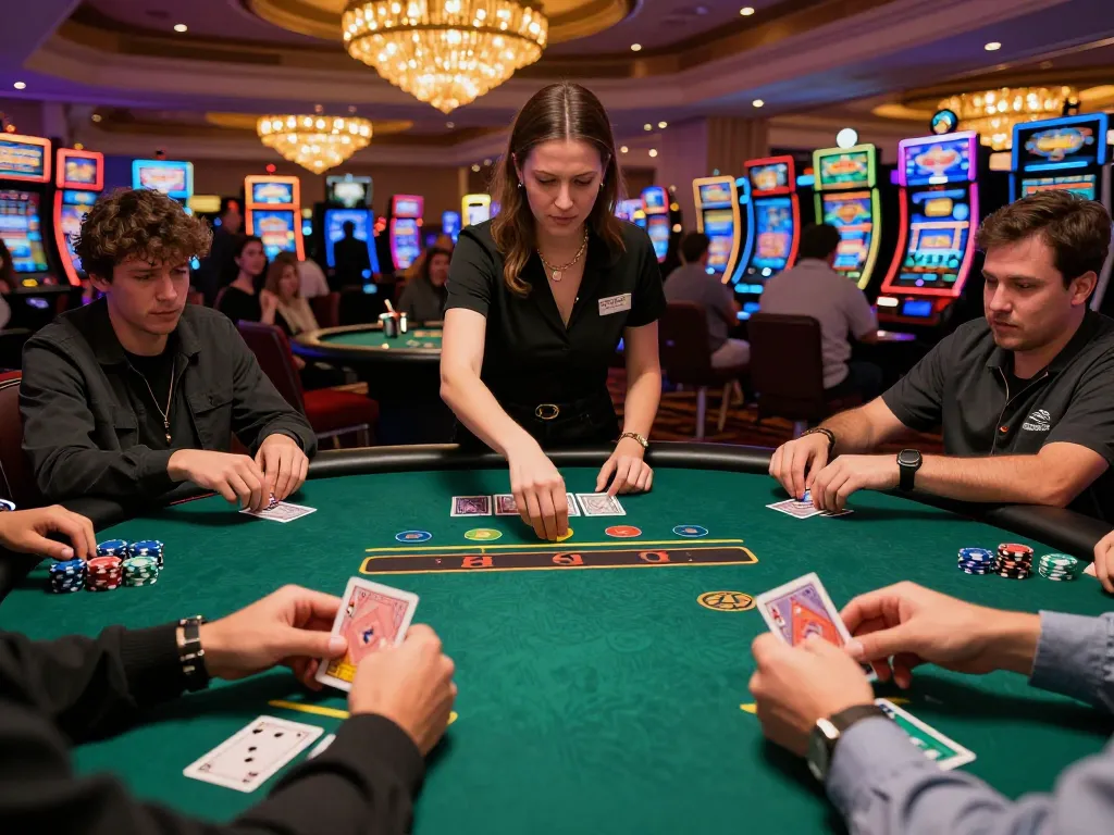 Players strategizing at the blackjack table in a vibrant casino, highlighting https://tip88.locker/ action.