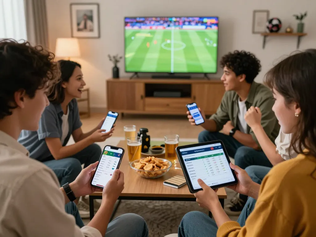 Friends engaging in sports betting on 1gom with live match updates and odds.