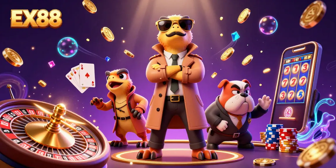 Engage with EX88's vibrant casino scene featuring raptors and a bulldog bouncer.