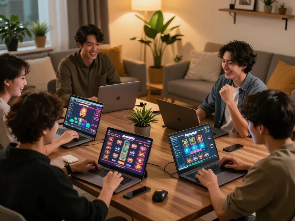 Xocdia88 players enjoying an online gaming session at home with laptops and tablets.
