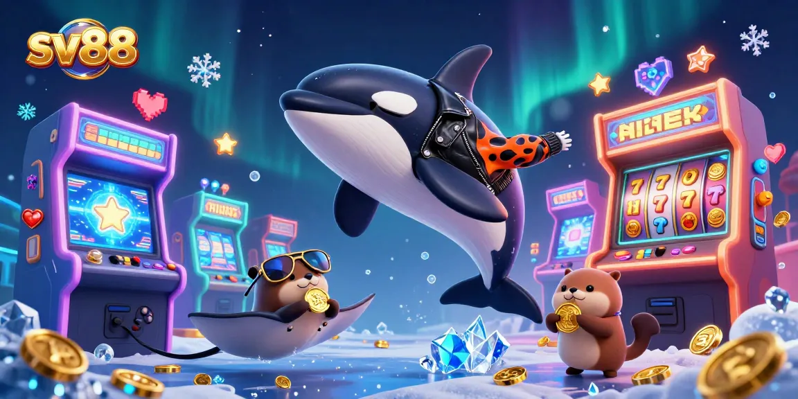 sv88 showcases a vibrant casino scene with a playful orca, stingray, and otters full of gold coins