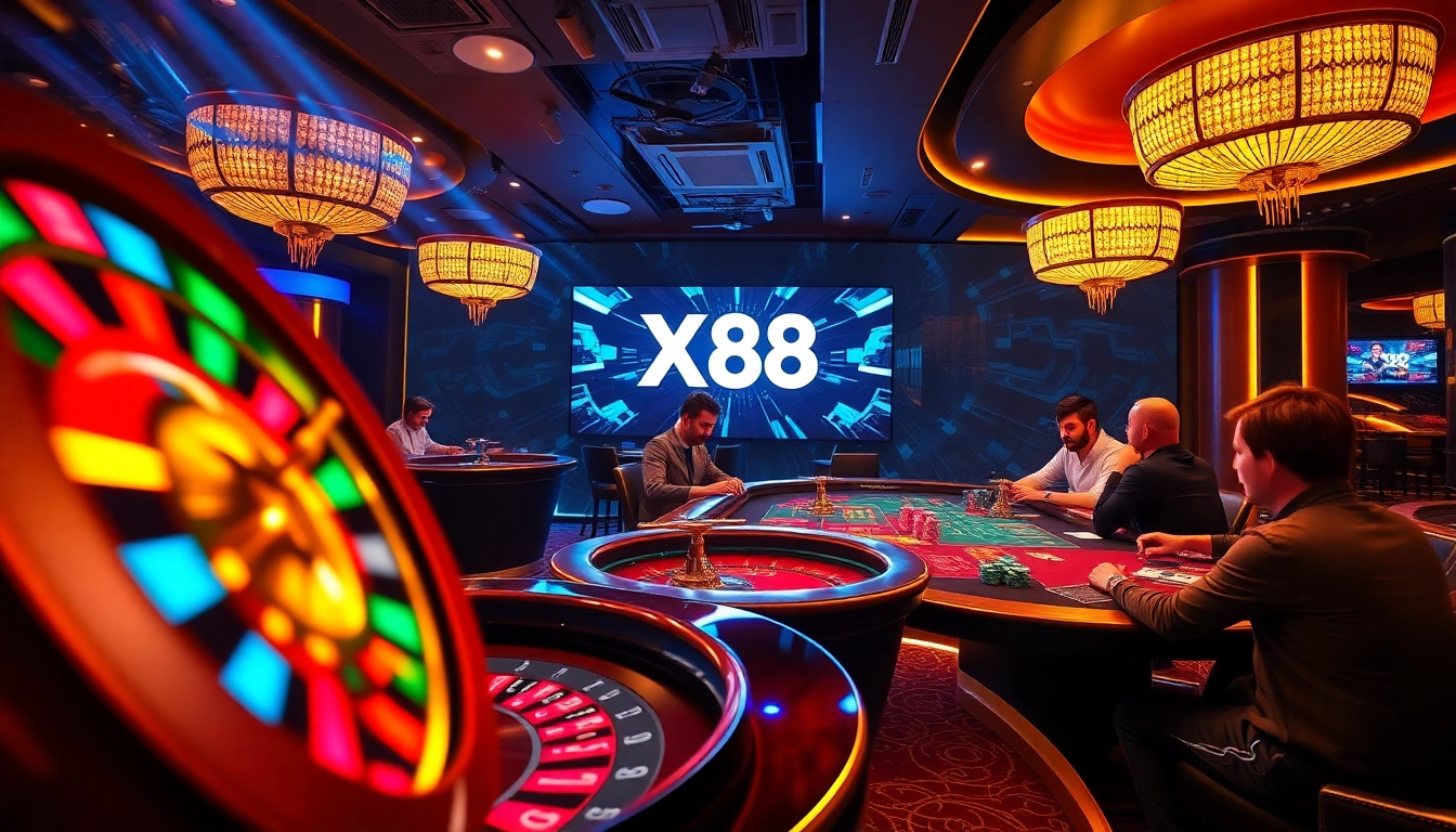 Experience the thrill of gambling at XX88 UK COM with this captivating casino scene featuring roulette and poker.