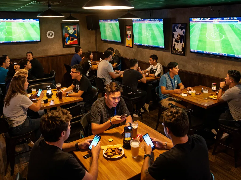 Kết quả bóng đá updates during a lively sports betting night at a bar with fans cheering