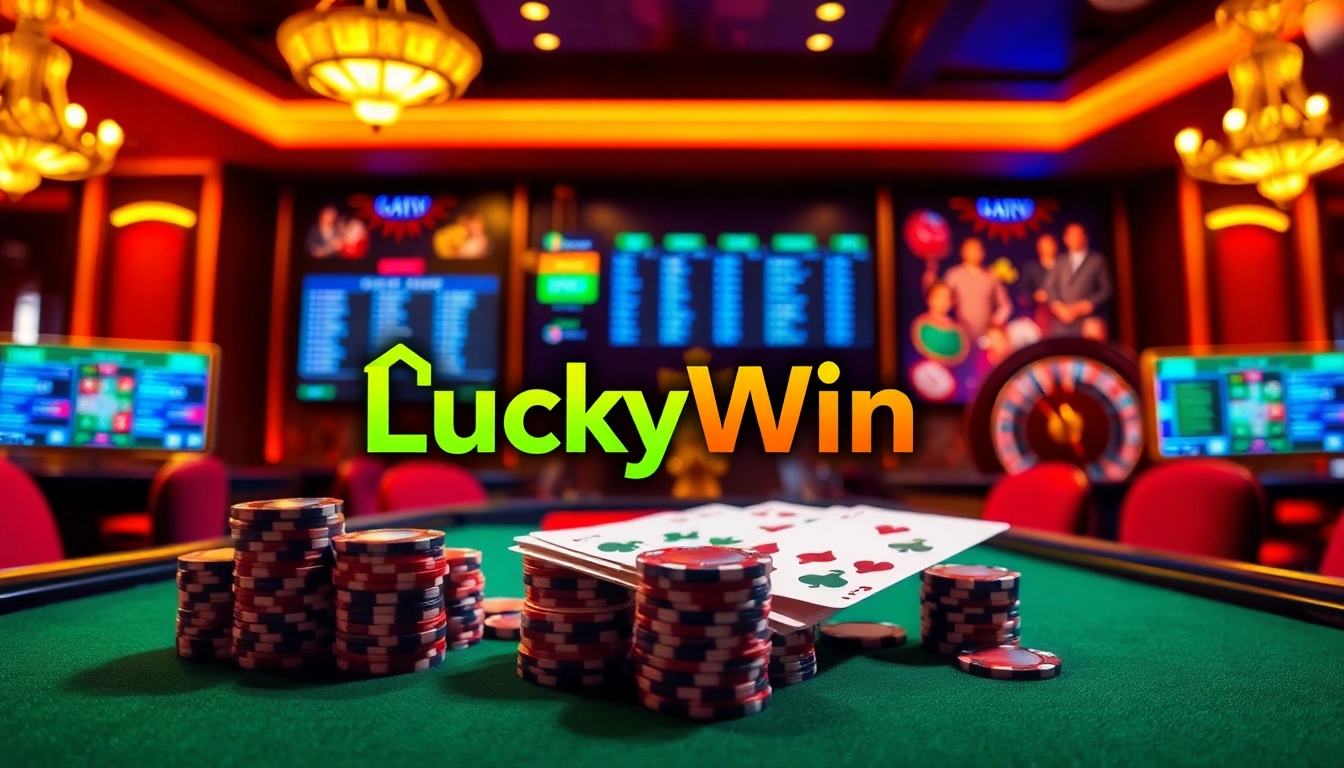 Engage with the LuckyWin platform showcasing vibrant casino tables and online gambling excitement.