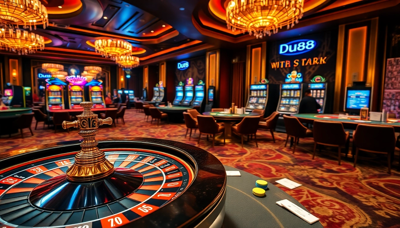 Experience the thrill of casino gambling with Du88-inspired vibrant roulette and poker scene.