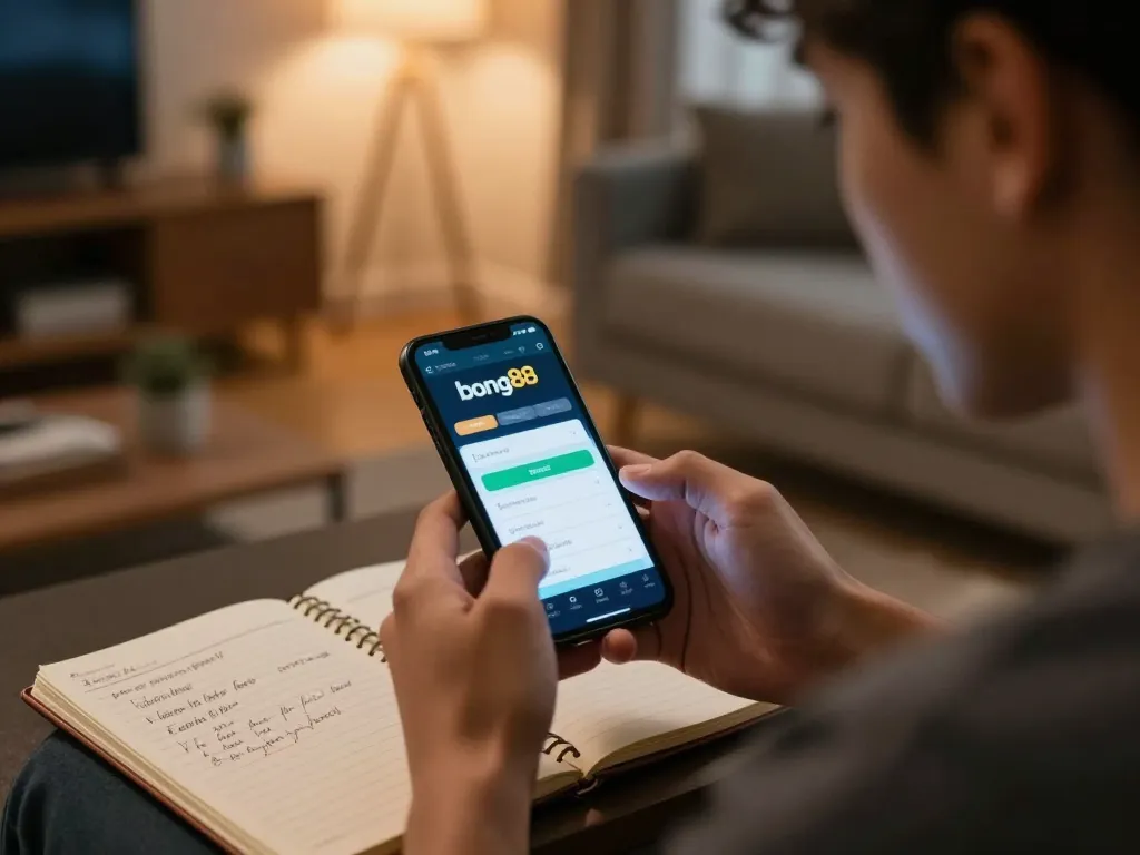 bong88 user engaging with the sports betting app on smartphone in cozy living room