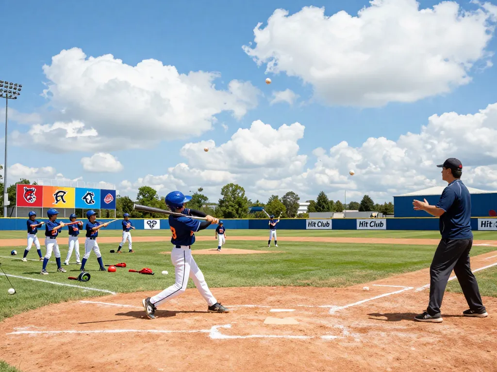 Youth baseball players training at Hitclub facility during practice, showcasing energy and teamwork.