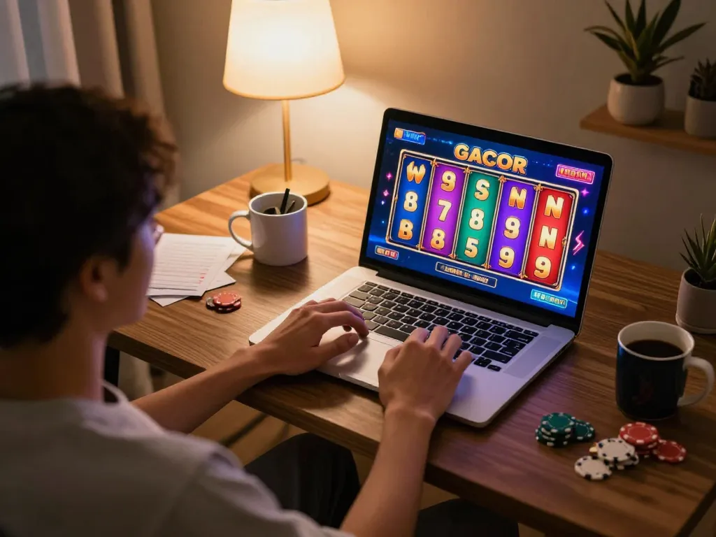 Engaging in slot gacor gameplay on a laptop in a cozy home environment, showcasing online gambling