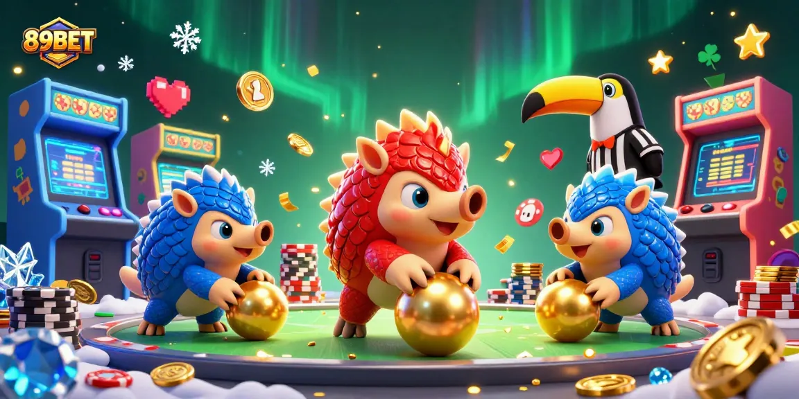 Compete in exhilarating games at 89BET with dynamic rival pangolins amidst vibrant casino elements.