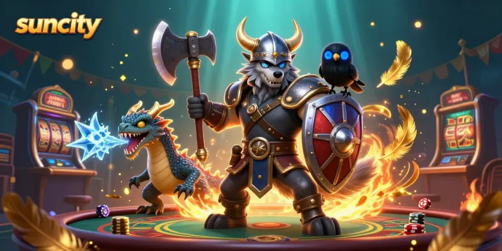 Engage in thrilling casino adventures with suncity's Viking warrior and magical dragon in a dynamic 3D scene.
