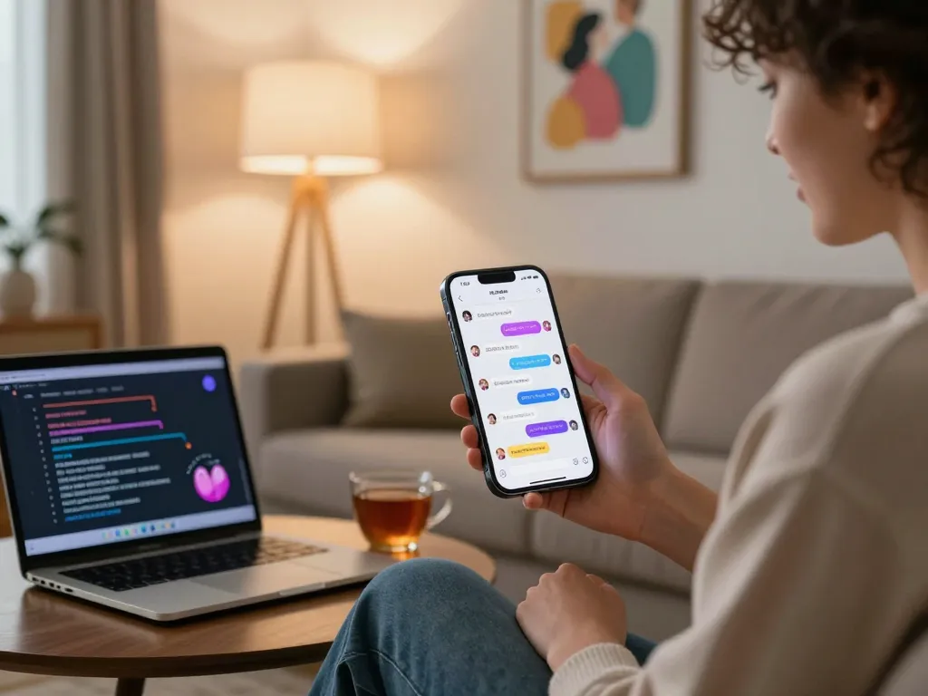 User interacting with an AI sex chat interface on a smartphone, showcasing playful conversation and intimate digital connection, emphasizing the engaging nature of AI companionship.