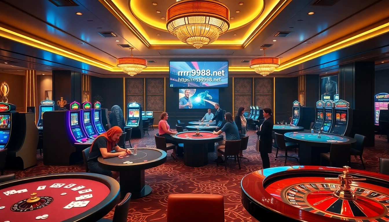 Exciting gaming atmosphere at https://rr9988.net/ featuring poker tables, slot machines, and roulette.