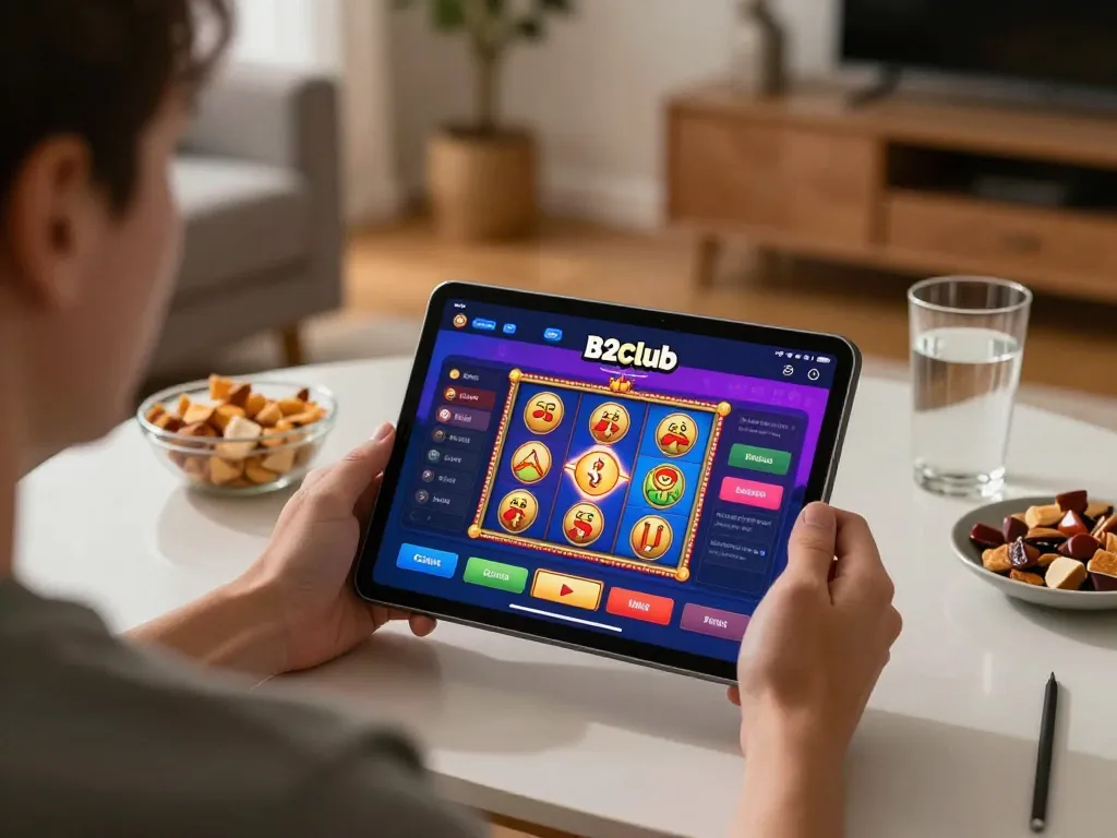 b52club user enjoying online casino gaming on a tablet in a cozy setting