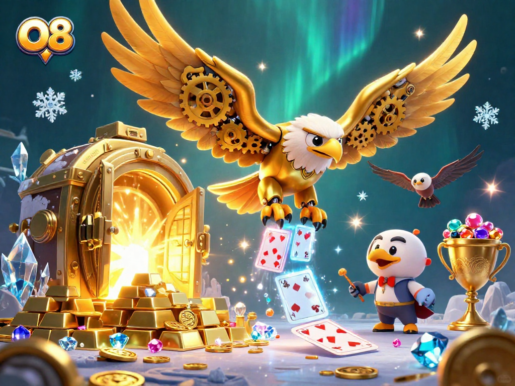 O8 dives into a dazzling 3D casino scene filled with treasures and holographic cards.