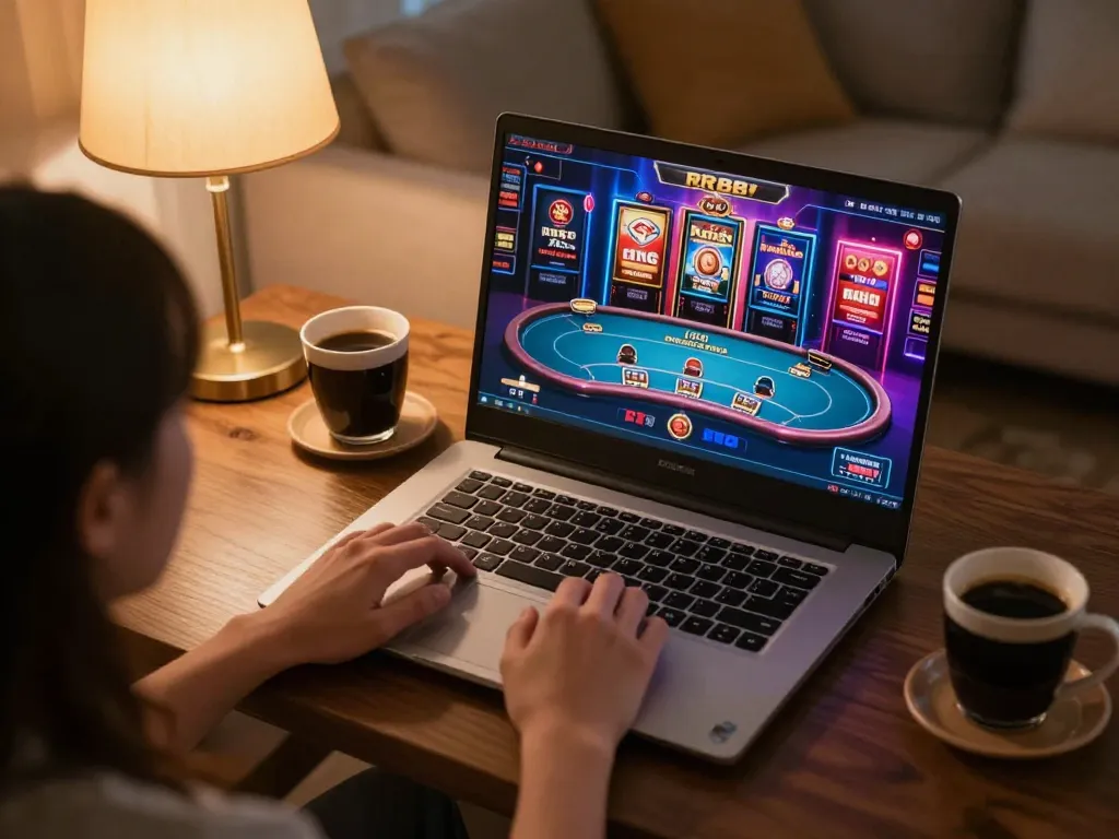 Engaging with RR88 casino games on a cozy home gaming setup, showcasing player interaction and warm ambiance
