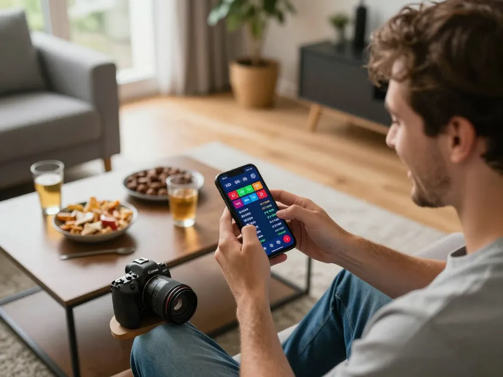 Person engaging with LV88 mobile sports betting app, surrounded by snacks and drinks in a cozy home setting.