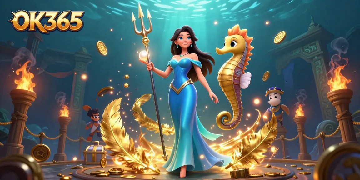 Experience the excitement of OK365 with a glowing pearl and seahorse king in a vibrant casino scene.