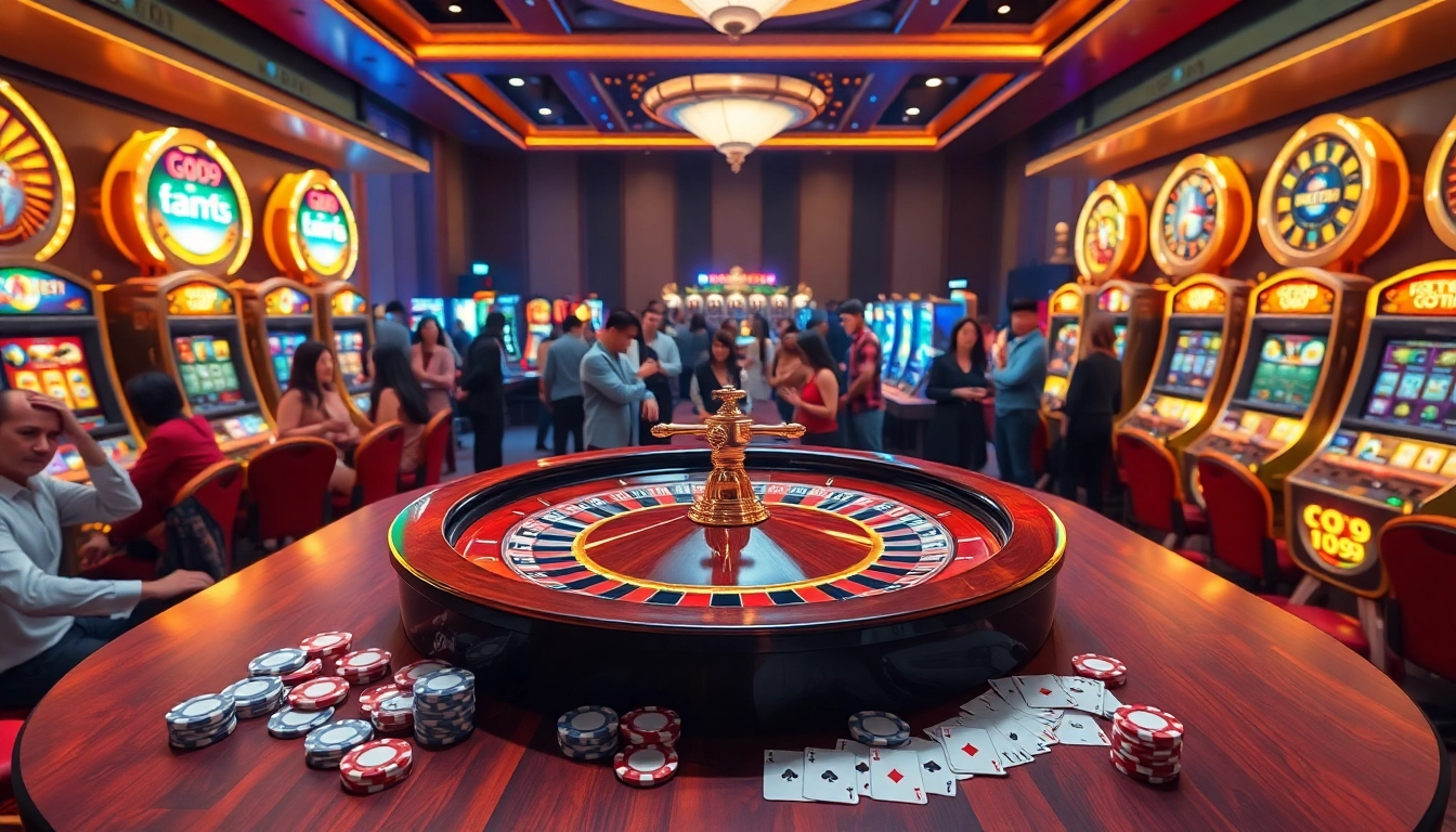 Exciting GO99 casino scene showcasing roulette, slots, and eager players enjoying games.