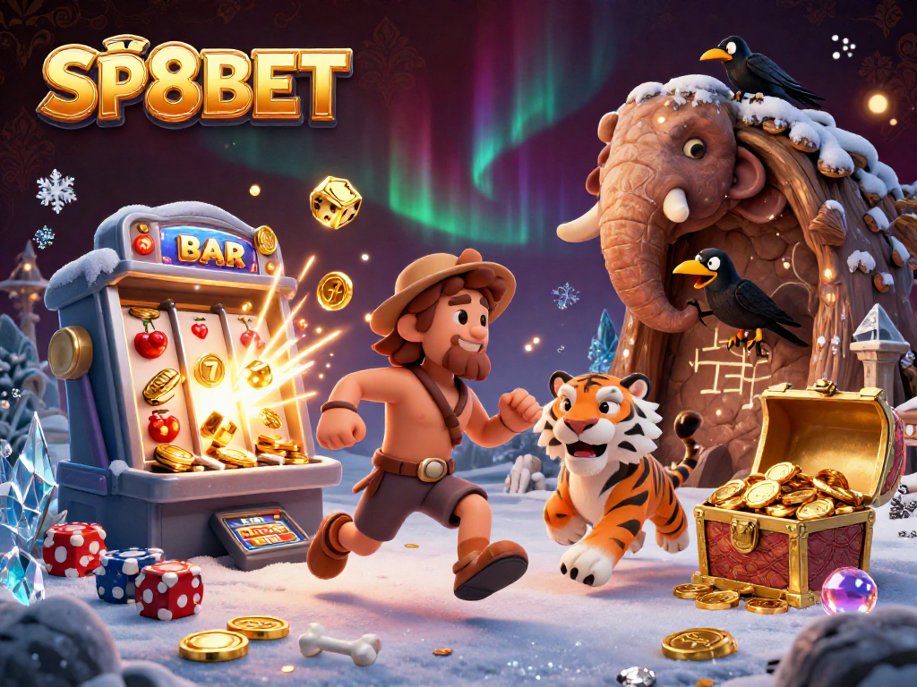 Experience the exciting world of SP8BET with a vibrant prehistoric casino scene featuring a caveman and sabertooth tiger.