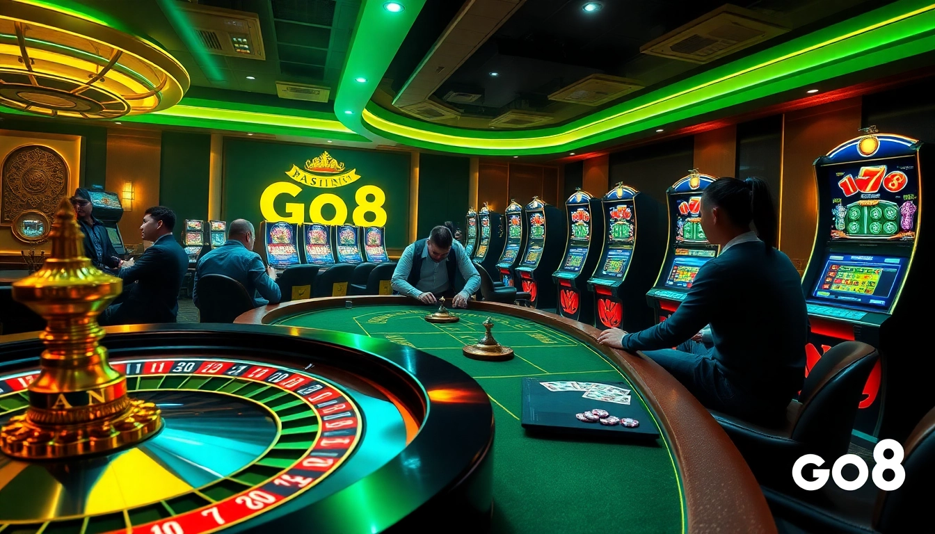 Exciting Go8 casino scene with players at a roulette table and slot machines.