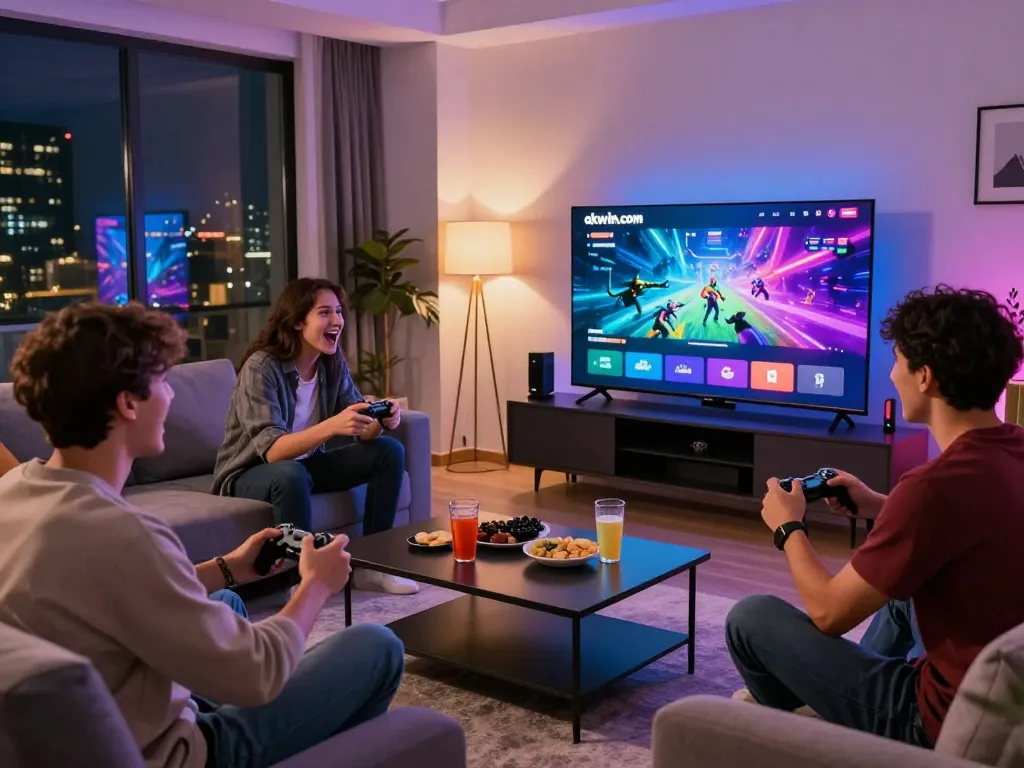Friends enjoying a gaming night on okwin.com with a vibrant atmosphere and snacks.