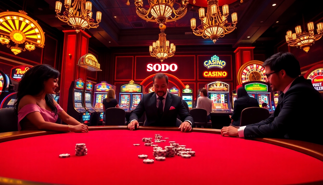 SODO CASINO poker players engage in an exciting game surrounded by vibrant slot machines.