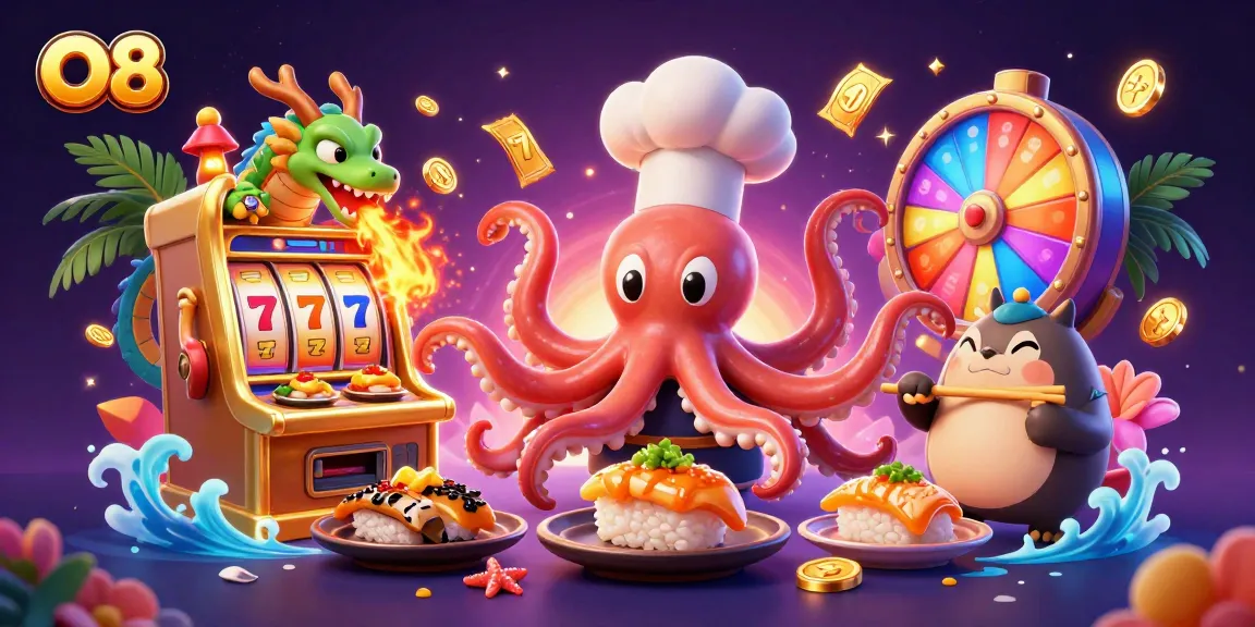 Engage with O8 as a sushi chef octopus and dragon create vibrant slot game excitement.